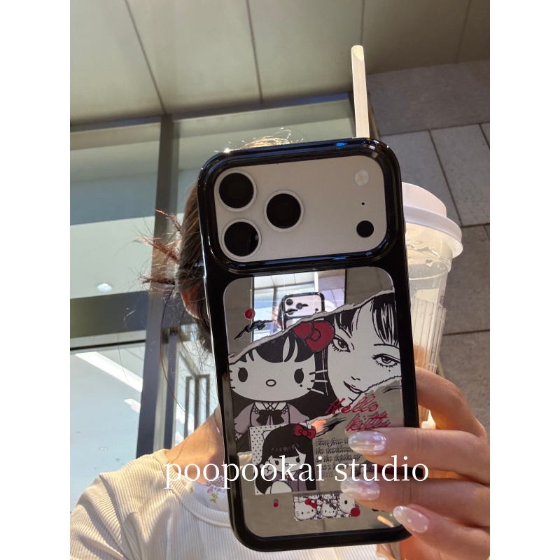 PooPookai暗黑风镜面猫咪动漫女孩适用于苹果16/17promax/iPhone15pro手机壳女款14全包防摔13保护套