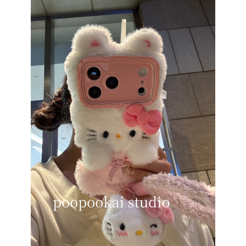 PooPookai秋冬可爱少女心毛绒kt猫适用于苹果16/17promax/iPhone15pro手机壳女款14全包防摔13保护套
