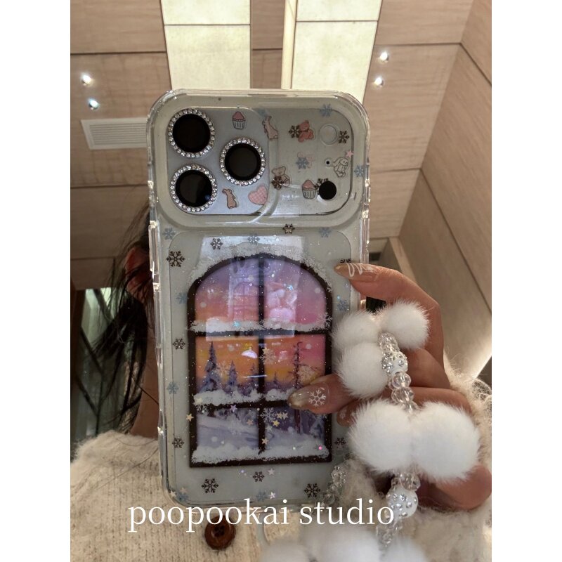 PooPookai氛围感ins窗户雪景松树适用于苹果16/17promax/iPhone15pro手机壳女款14全包防摔13保护套