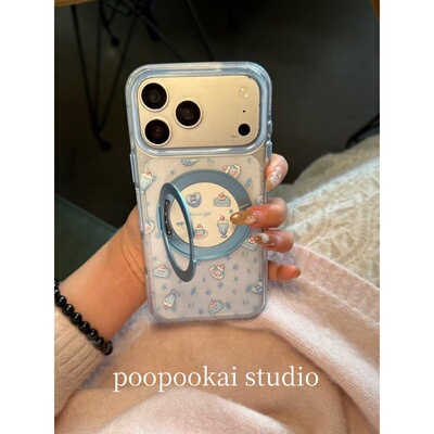 PooPookai ins蓝色甜品蛋糕360支架适用于苹果16/17promax/iPhone15pro手机壳女款14全包防摔13保护套