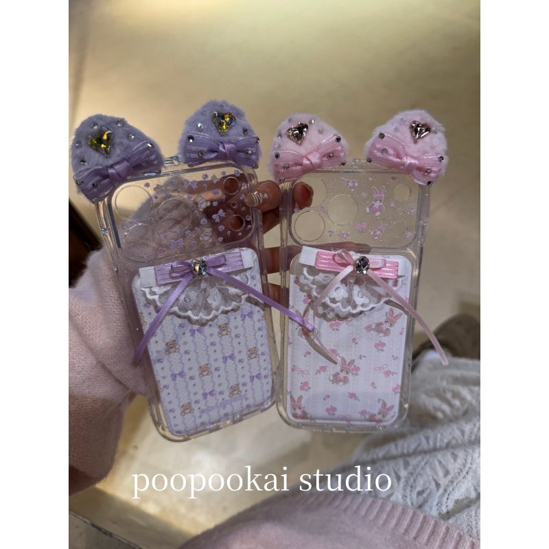 PooPookai可爱立体毛绒耳朵蝴蝶结适用于苹果16/17promax/iPhone15pro手机壳女款14全包防摔13保护套