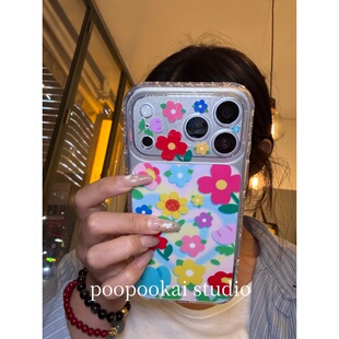 14全包防摔13保护套 iPhone15pro手机壳女款 PooPookai春日小清新爱心花朵适用于苹果16 17promax