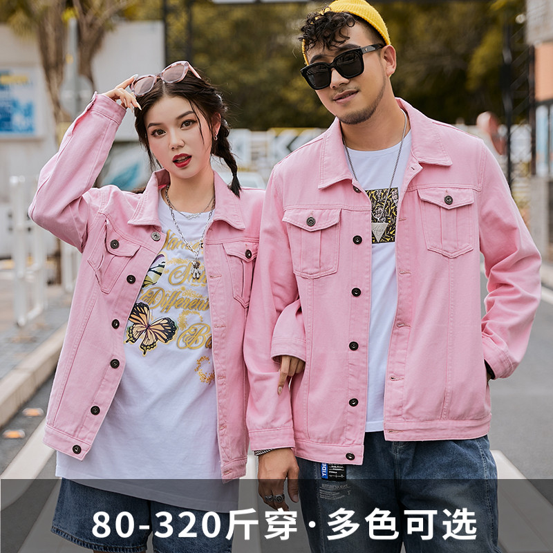 冬季厚款胖子情侣装粉色牛仔外套