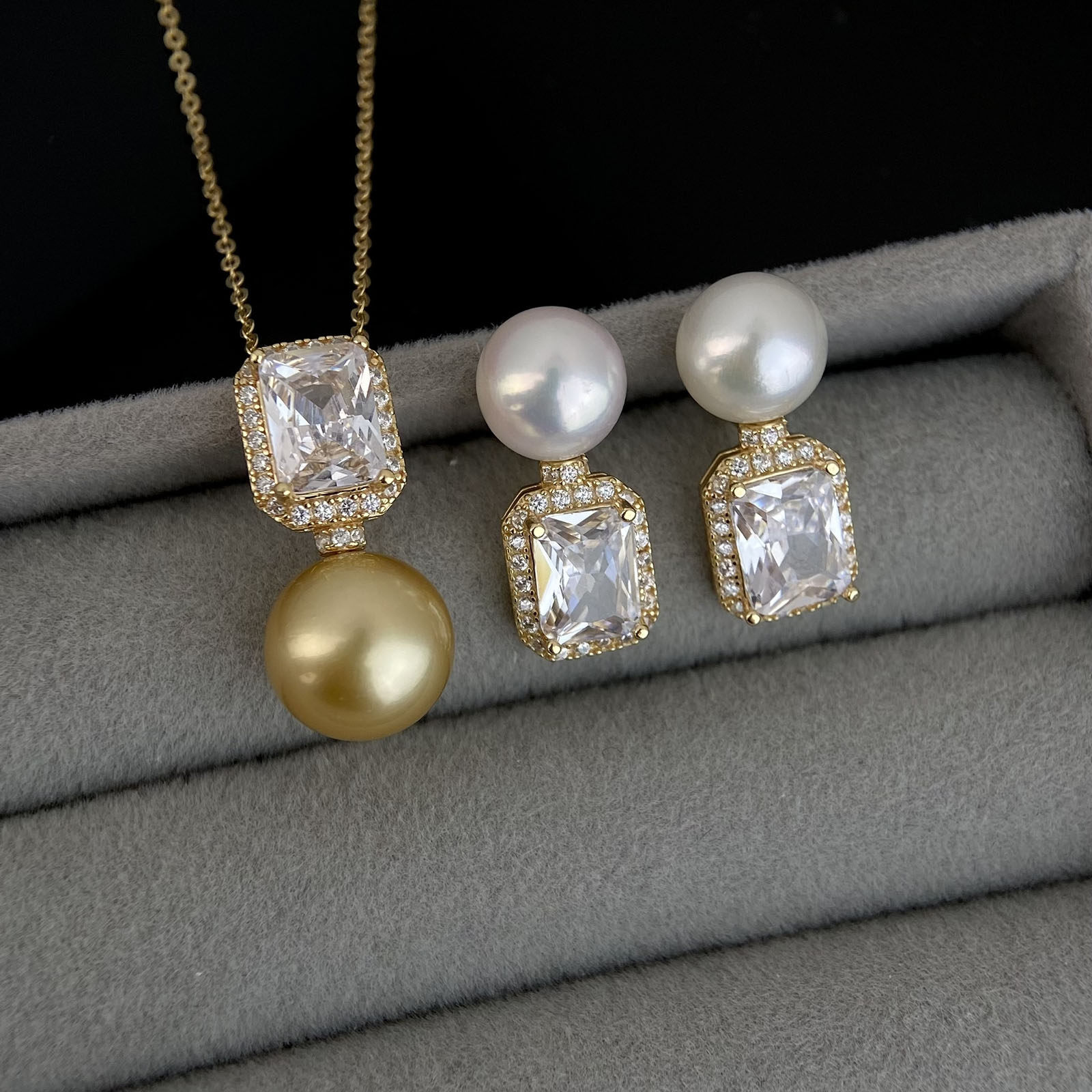 金珠海水珍珠轻奢高级感方形冰糖耳环吊坠女s925纯银珍珠首饰套装