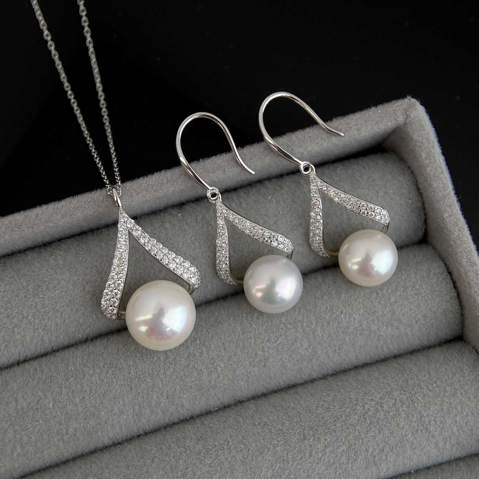 天然淡水珍珠微镶简约耳钩吊坠女s925纯银珍珠耳环吊坠套装诸暨