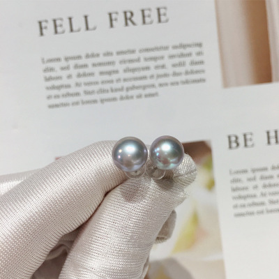 天然淡水灰色珍珠耳钉女馒头扁圆爆款气质浙江诸暨真珍珠纯银耳饰