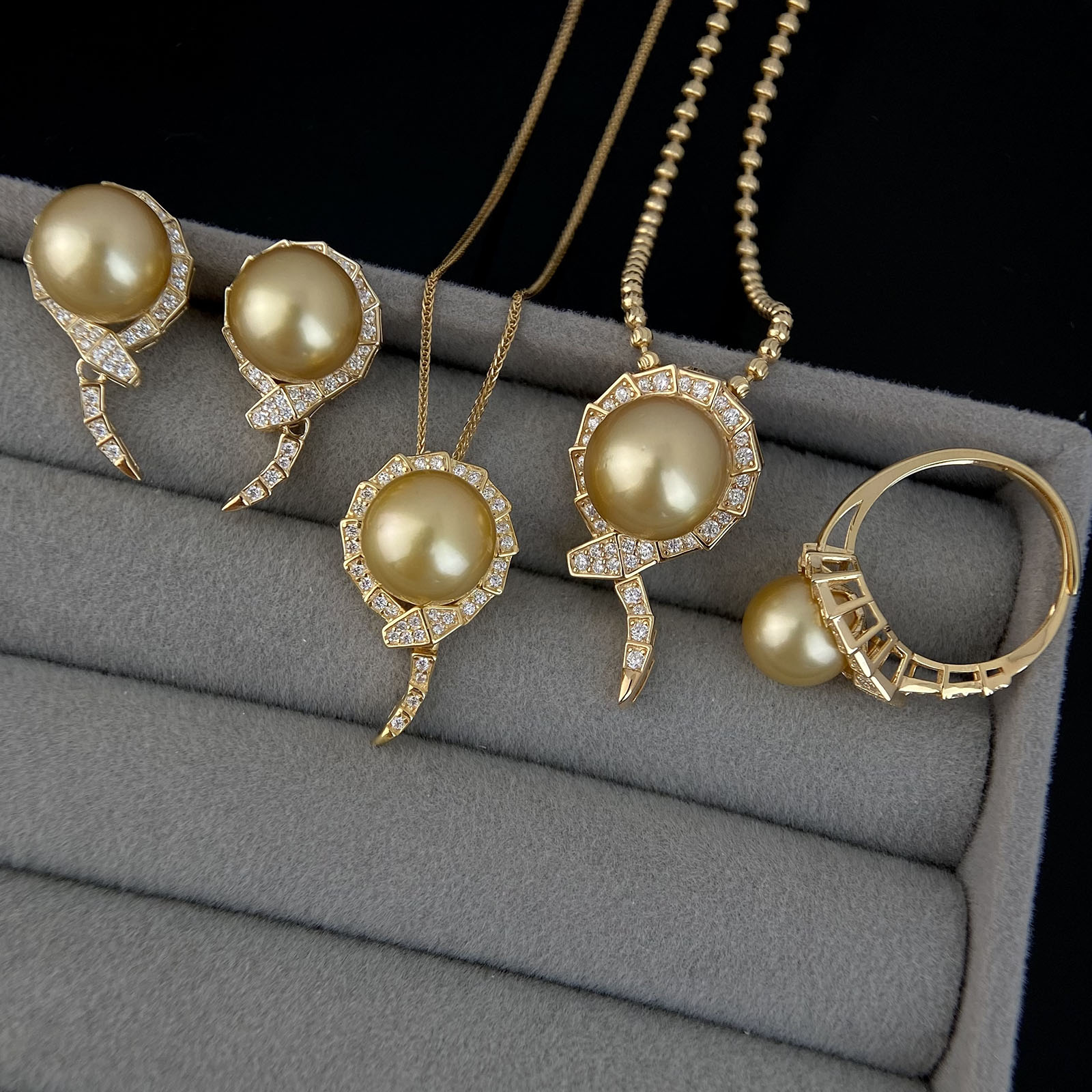 金珠海水珍珠蛇骨珍珠耳钉吊坠戒指套装女s925纯银珍珠首饰百搭