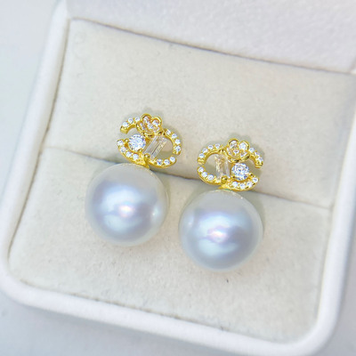 天然淡水珍珠小香风C形耳钉耳环正圆11-12mm珍珠s925纯银浙江诸暨