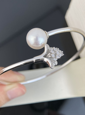 天然淡水珍珠轻奢小众开口手镯正圆11-12mm珍珠s925纯银珍珠手圈