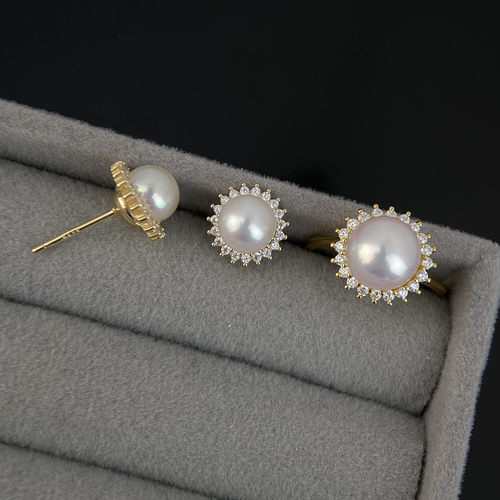 天然淡水珍珠简约气质高级感满钻太阳花耳环戒指s925纯银珍珠套装