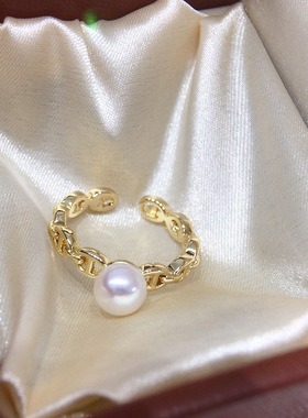 强光高亮天然淡水珍珠戒指简约港风时尚链条可调节开口戒指