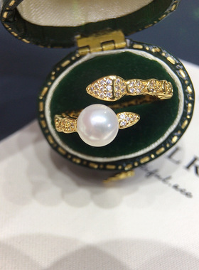 天然淡水珍珠戒指开口轻奢高级感微镶锆石蛇戒珍珠戒指