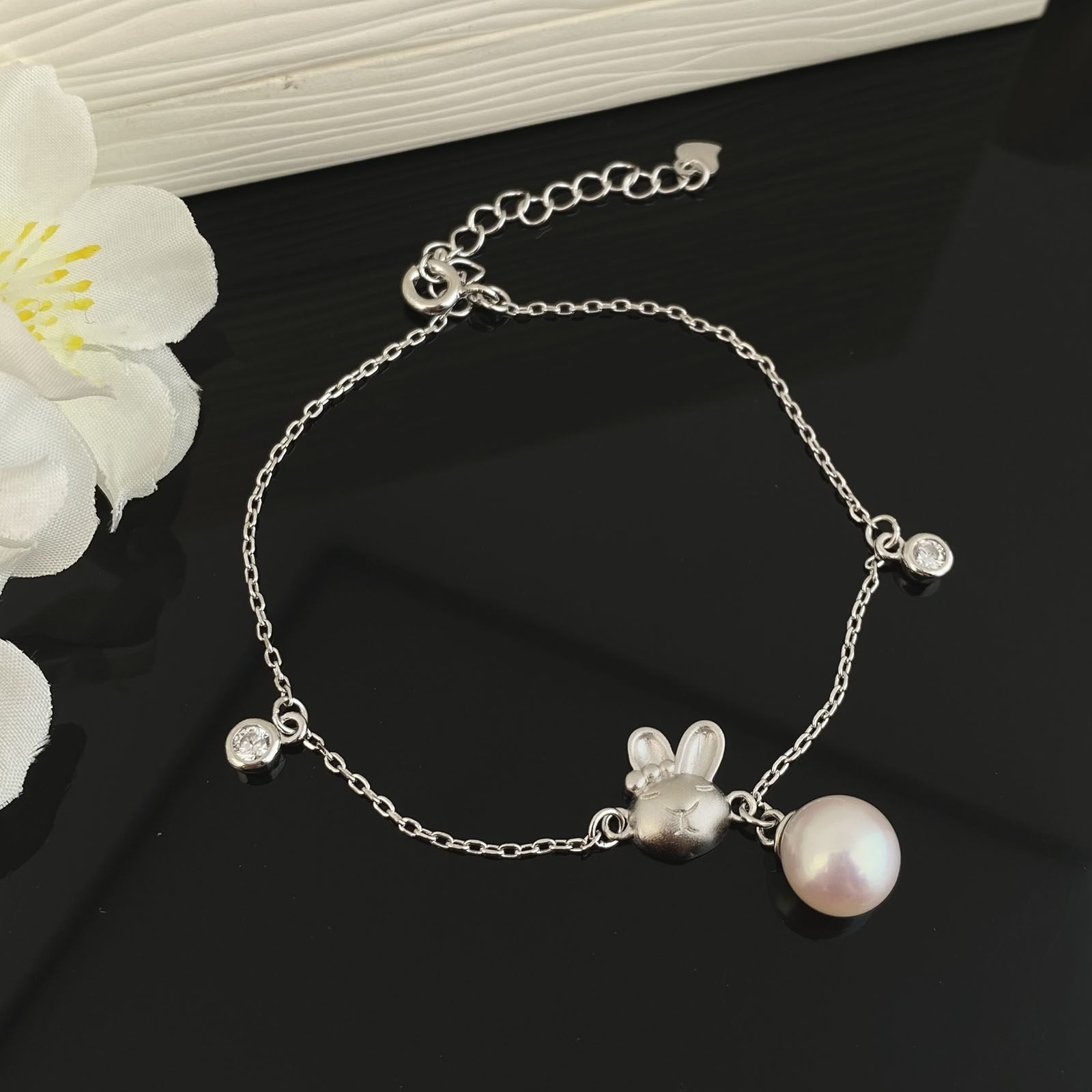 天然淡水珍珠可爱兔子手链正圆7-8mm珍珠s925纯银珍珠手链女诸暨