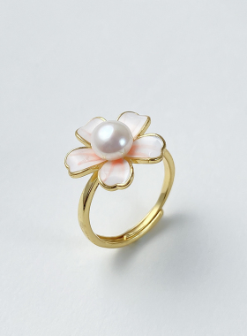 天然淡水珍珠戒指甜美迷你樱花指环女银针春季粉色花朵超仙高级感