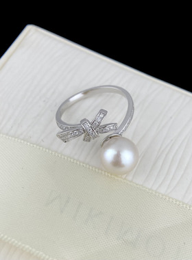 天然淡水珍珠蝴蝶结戒指正圆9-10mm珍珠女s925纯银珍珠戒指女款