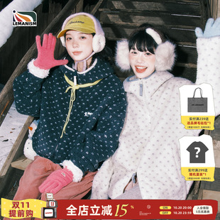 lemanism美式羊羔毛碎花棉服摇粒绒连帽棉衣男2026冬季情侣厚外套