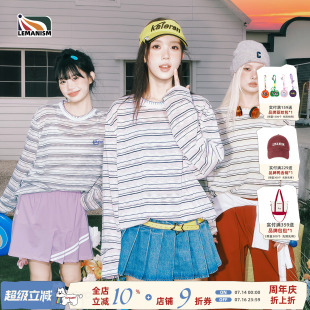 lemanism美式潮流撞色条纹长袖T恤女款2026夏季新款宽松体恤上衣