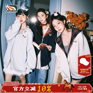 外套女 情侣款 lemanism潮牌腊肠狗格子拼接开衫 卫衣男连帽2025春季