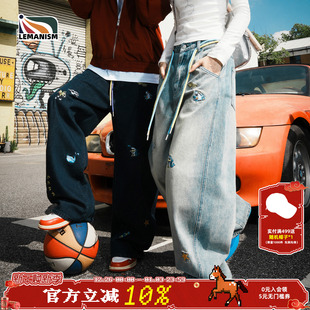 春秋宽松休闲裤 lemanism美式 情侣款 男2025新款 子 潮流刺绣牛仔裤