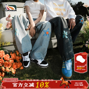 男2025春秋情侣直筒休闲裤 lemanism美式 复古设计感花朵刺绣牛仔裤