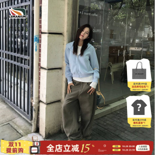 lemanism美式复古高腰宽松显瘦百搭情侣休闲弯刀阔腿男女牛仔裤子