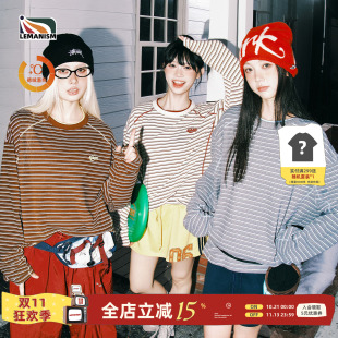 lemanism美式潮流撞色条纹德绒长袖T恤男情侣款2026秋冬季女新款