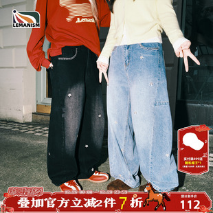 宽松休闲裤 lemanism美式 情侣款 男2026新款 女 潮流小花朵刺绣牛仔裤