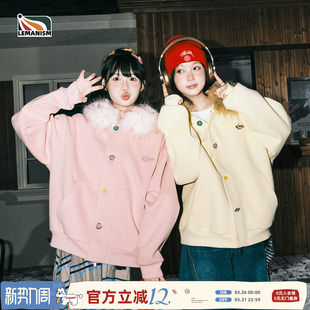 lemanism潮牌卡通小熊耳朵毛领夹克男2025秋冬情侣款 扣子外套女
