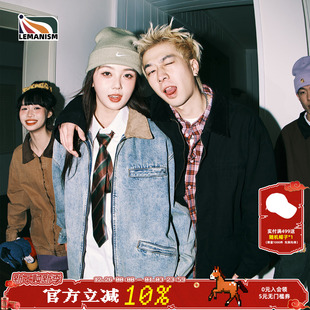 lemanism美式 潮流复古水洗灯芯绒拼接翻领牛仔外套男2025情侣款