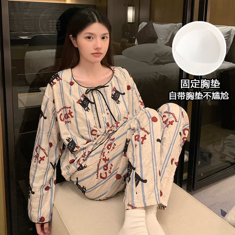 2025新款带胸垫睡衣女春秋季云朵棉条纹猫咪长袖长裤秋家居服套装