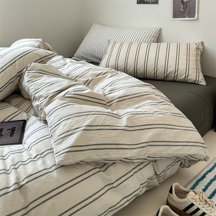 A类北欧日系纯棉水洗四件套复古条纹色织床上用品床单床笠款4件套