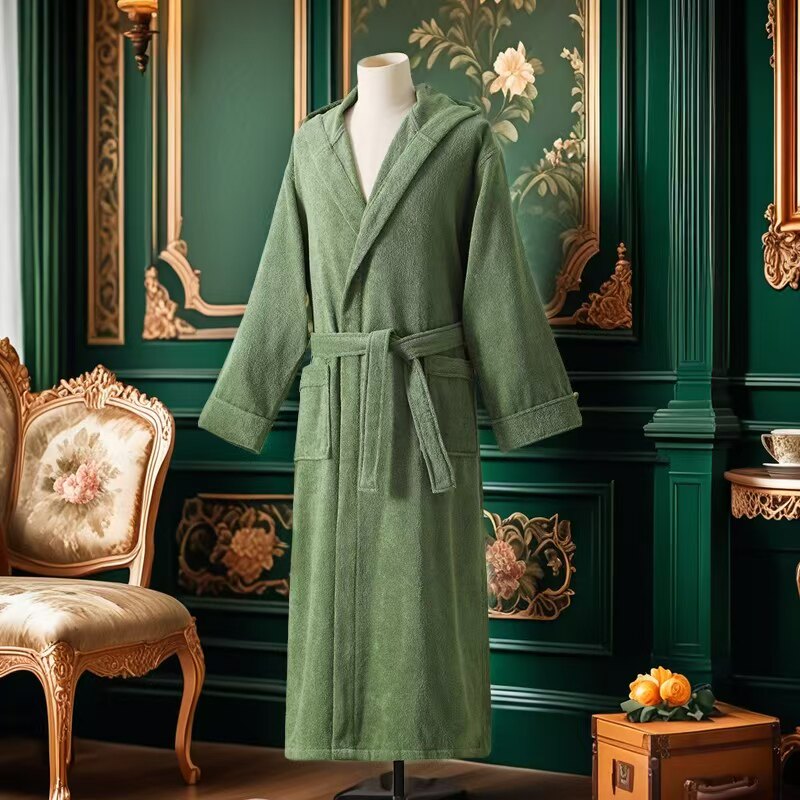 纯棉浴袍秋冬款男士睡袍女士睡衣长款毛巾料加厚冬天游泳带帽温泉