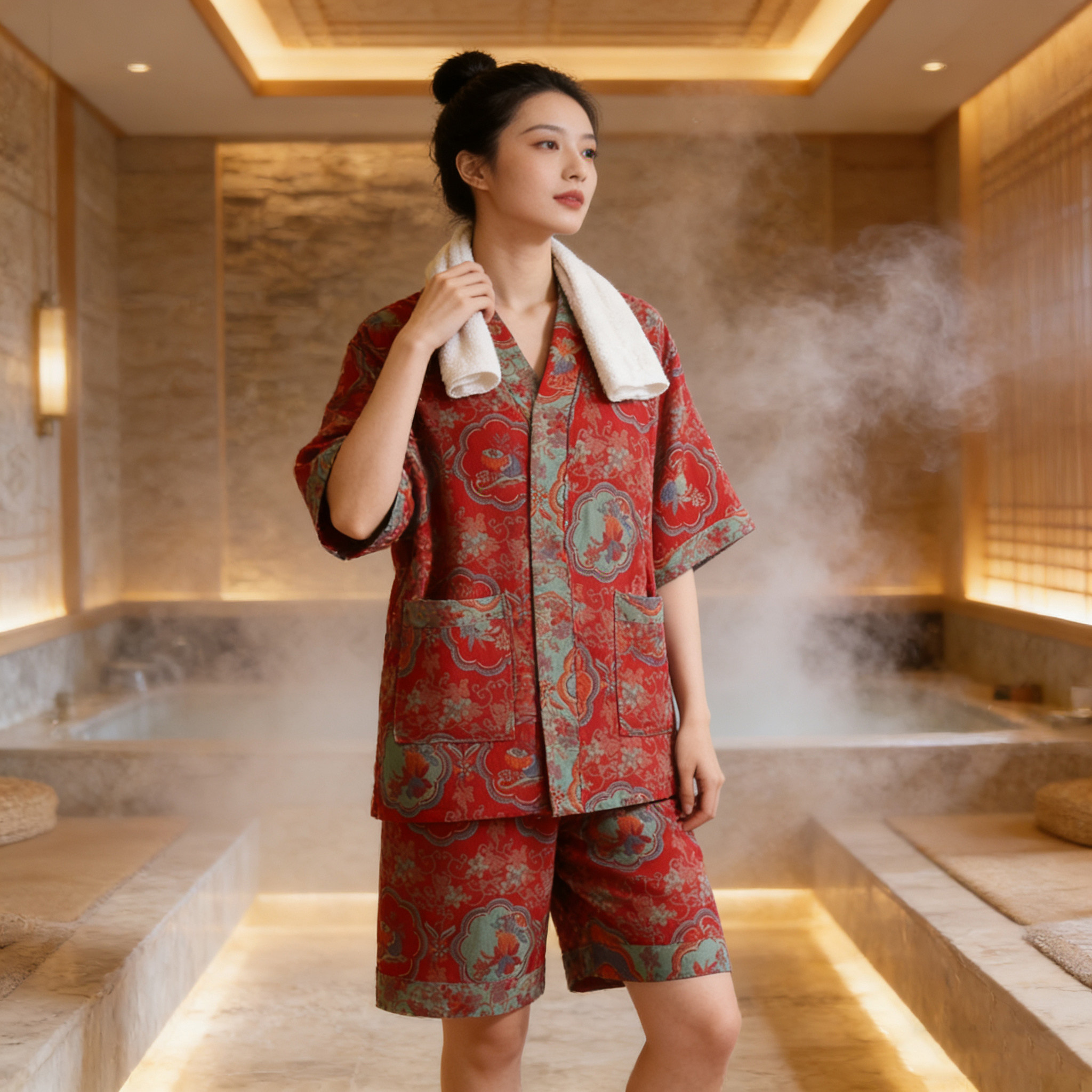 纯棉双层纱提花汗蒸服按摩桑拿服情侣浴服酒店浴衣理疗服养生衣服