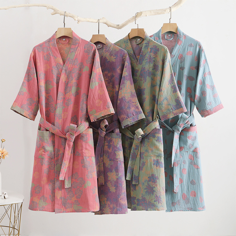纯棉双层纱布浴袍a类春夏薄款睡衣家居服睡袍女款吸水速 干浴衣