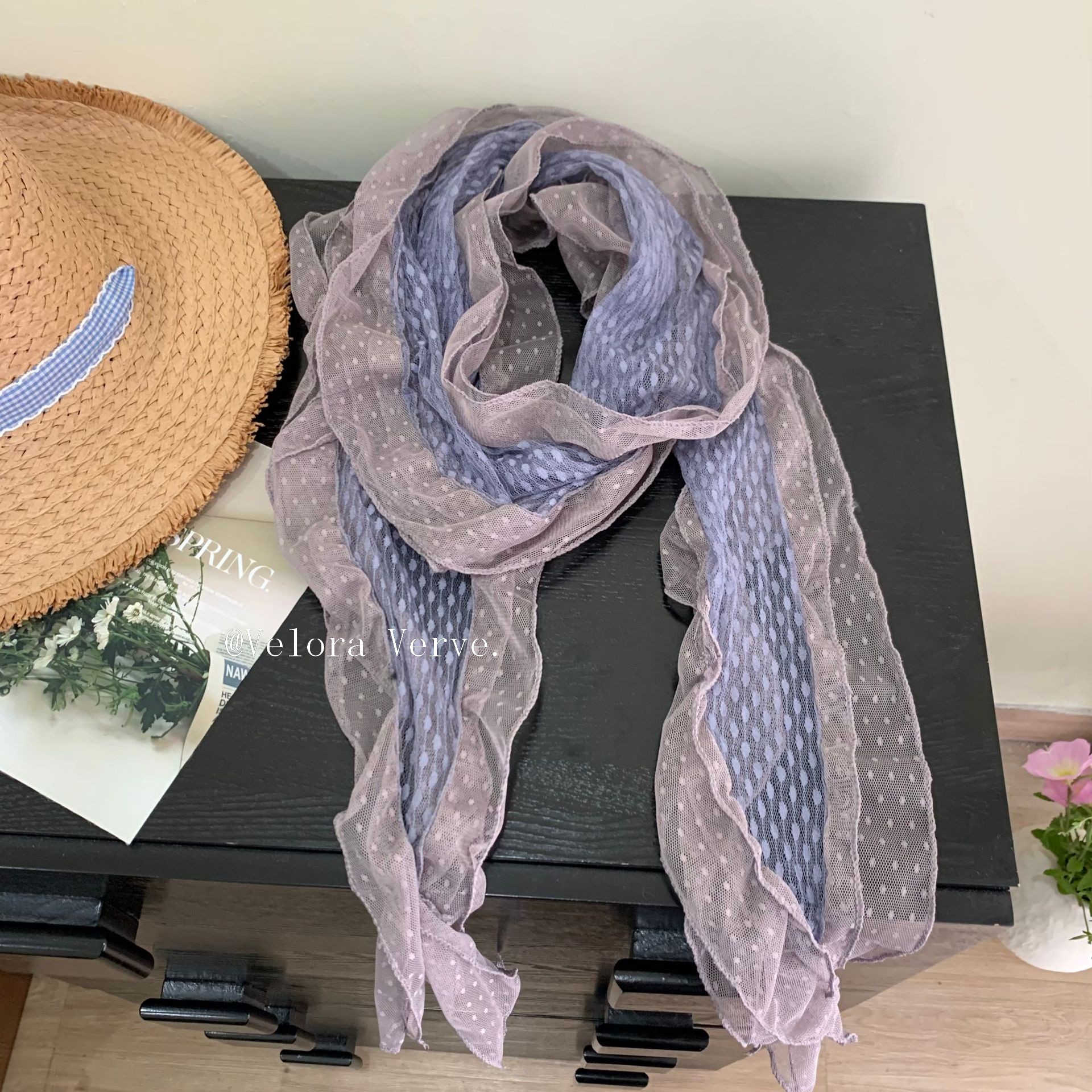 韩系ins波点长条蕾丝花边围巾