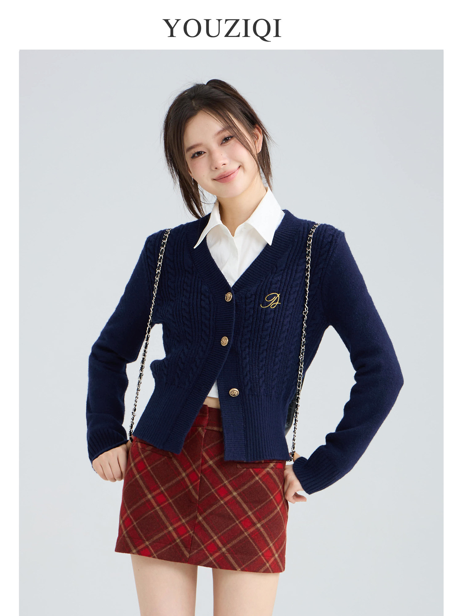 YOUZIQI Yuziqi Berlin College Dark Blue Knitted Cardigan Women's Design Knitted Top Sweater Jacket