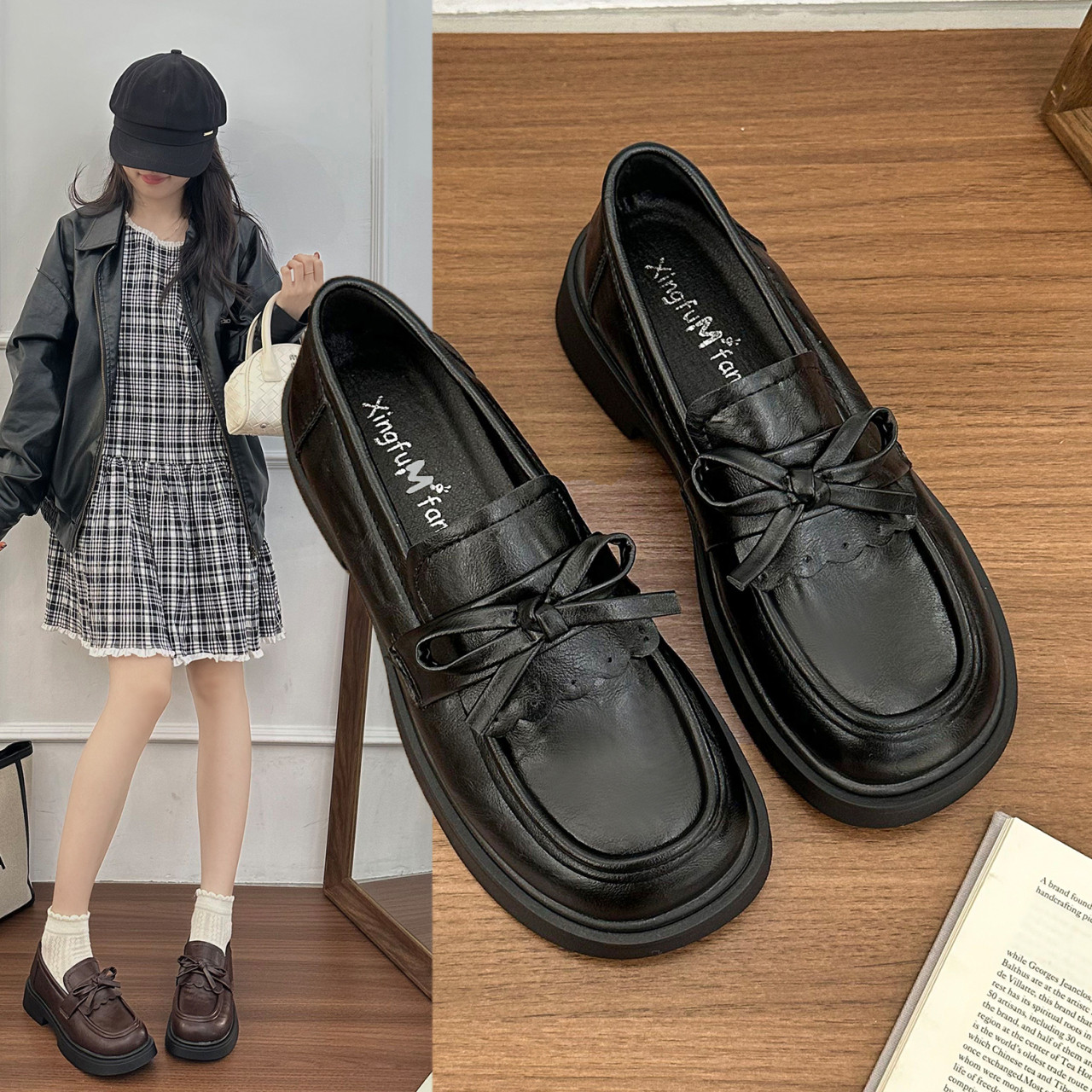 法式蝴蝶结厚底小皮鞋女乐福鞋JK