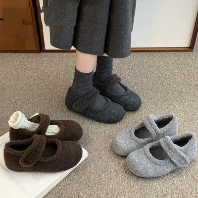 法式灰色加绒玛丽珍毛毛鞋女棉鞋