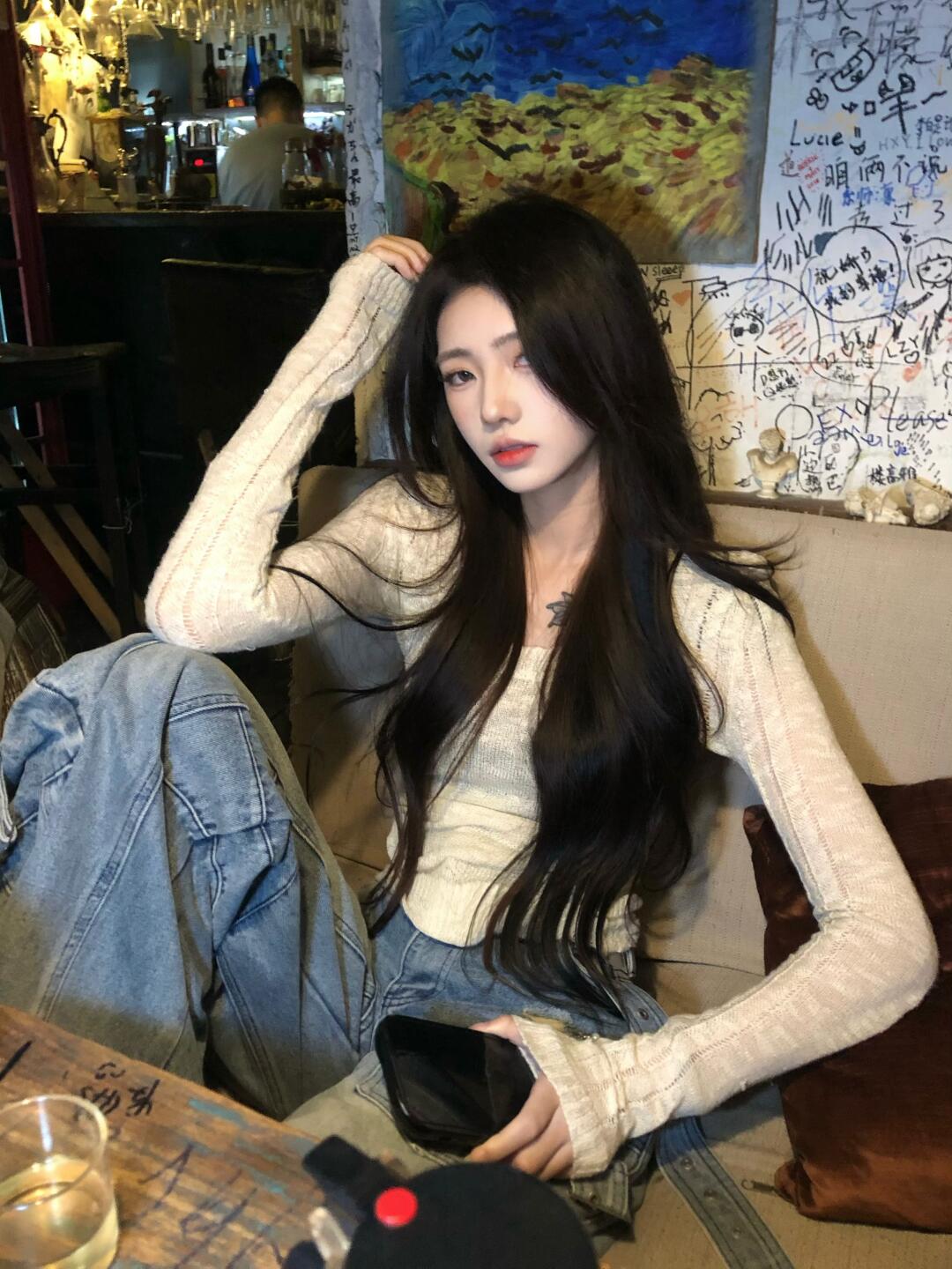 thumbnail for BUWAN STUDIO Korean Style Cutout U-Neck Slub Tulle Sweater Women's Autumn and Winter Slim Long Sleeve Top Knitwear Trend