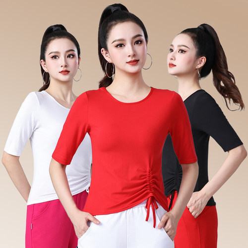 春夏广场舞中袖修身练功上衣女