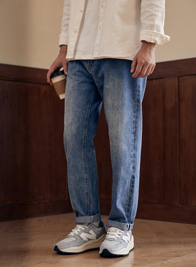 NATIVEWELL淡靛蓝水洗牛仔长裤宽松直筒复古窄幅赤耳男做旧
