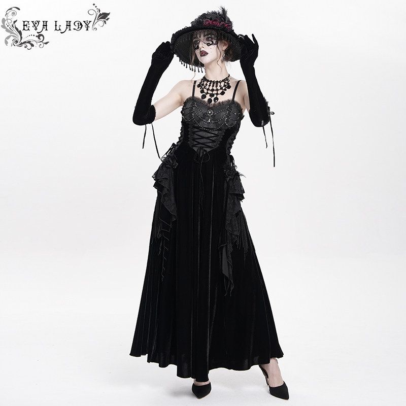Devil Fashion恶魔时尚女装哥特 黑色吊带连衣裙长裙ESKT064