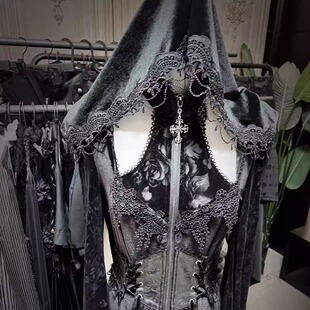 CT26001 哥特亮光丝绒挂脖连帽外套 恶魔时尚 女装