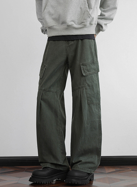 Mmel 2025秋冬军绿色工装裤男美式复古水洗潮牌宽松直筒纯棉长裤