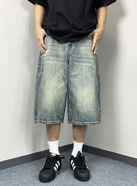 Mmel 2025夏季新款美式复古牛仔7分裤男潮牌宽松直筒水洗阔腿裤短