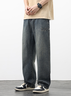 Mmel怀旧蓝牛仔裤男直筒宽松2024新款潮牌高街复古耐磨男士长裤子
