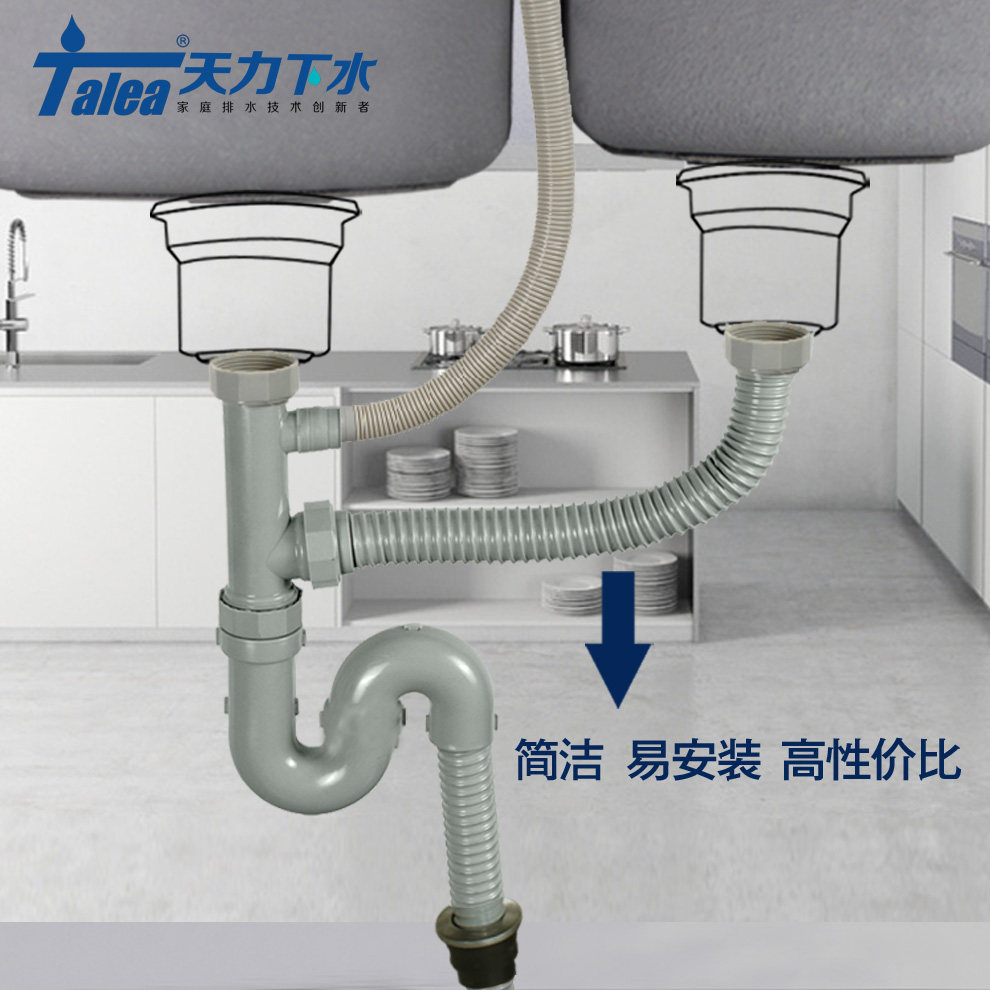 志邦厨房洗菜盆s弯防臭下水管 墨林厨房双水槽配件水池下水器排水