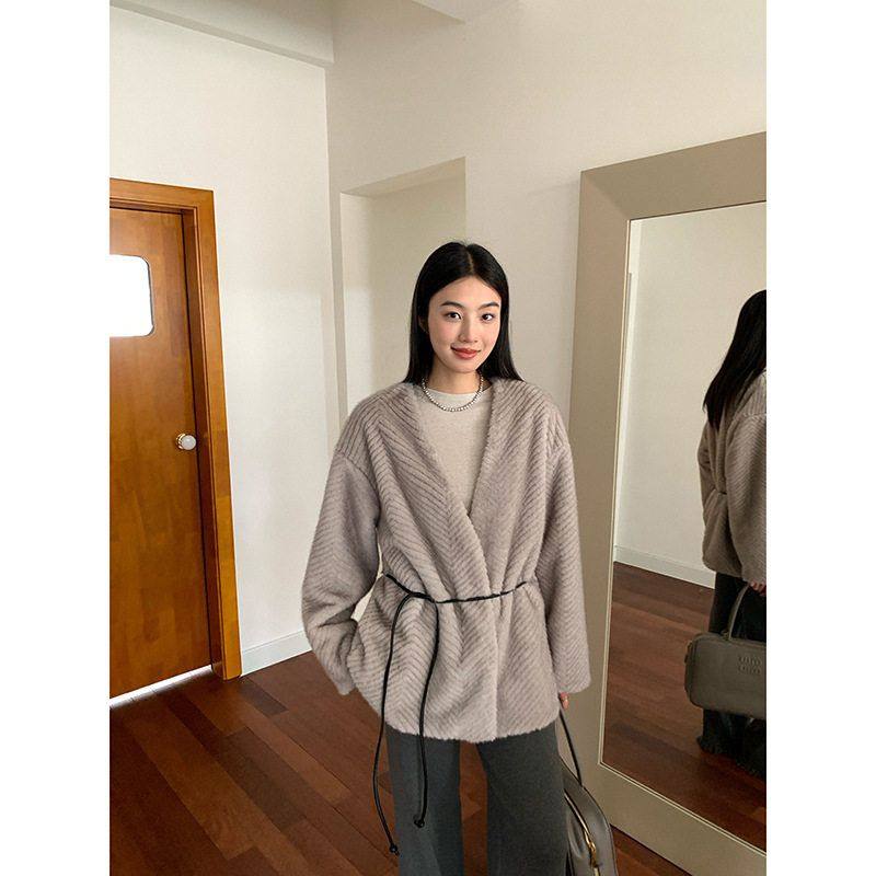 趋梦DT ETOLIE人字纹复古环保皮草仿貂毛气质轻奢v领毛毛外套冬季