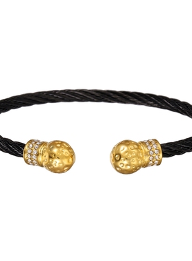 欧美个性金色钢丝绳螺纹镶锆石轻奢风不掉色嘻哈钛钢球形女生手镯