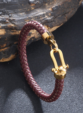 潮牌通用钛钢马蹄扣红色手链皮质